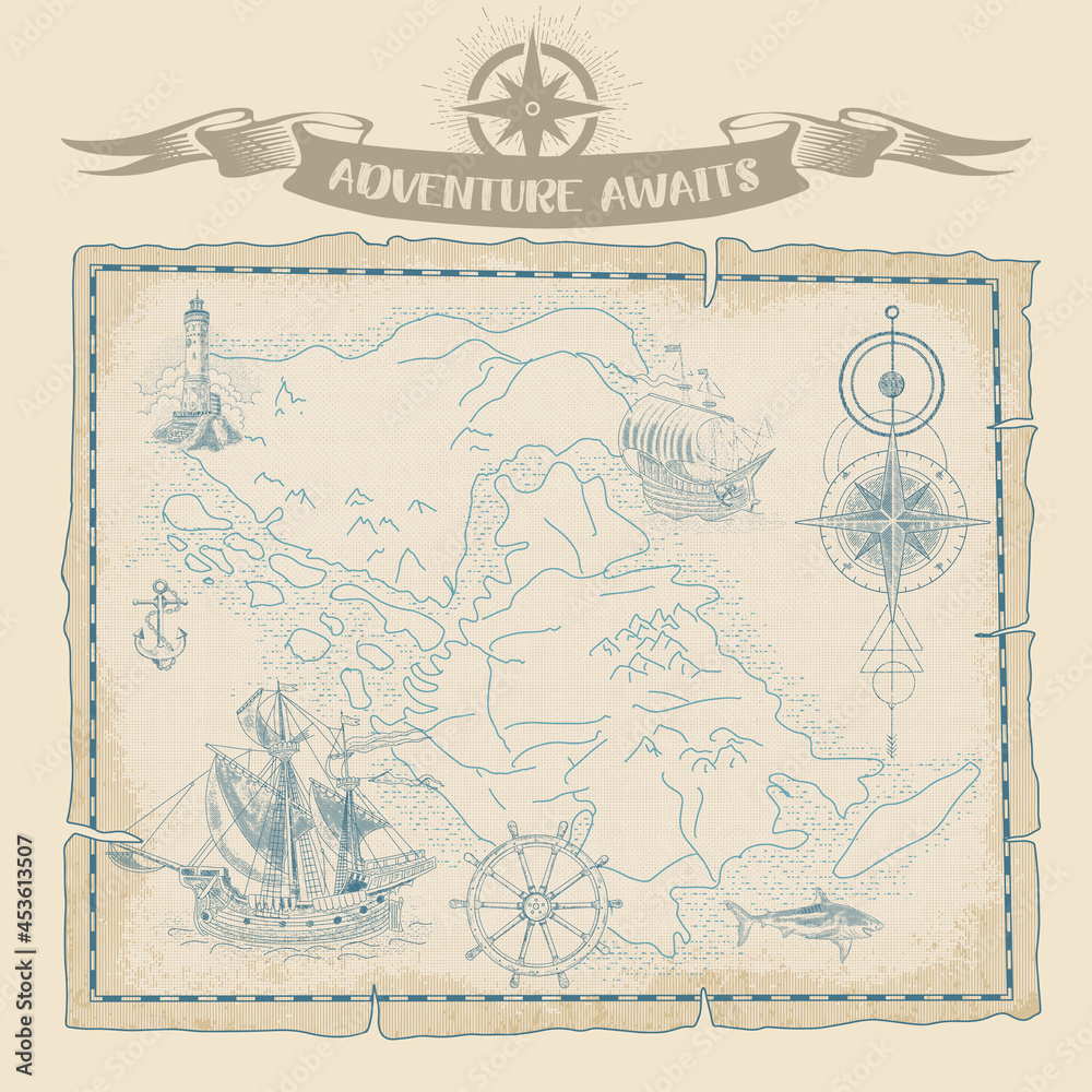Vintage map of marine navigation. Hand-drawn sailboats, sunken ships, map, wind rose, anchor, steering wheel, compass.