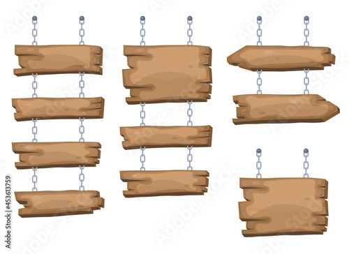 Wooden sign boards hanging from chain