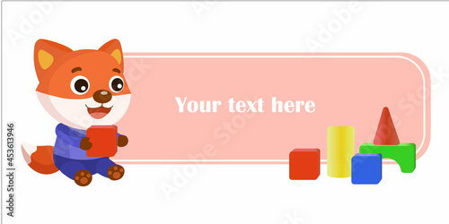Vector empty tag with cute fox playing cubes