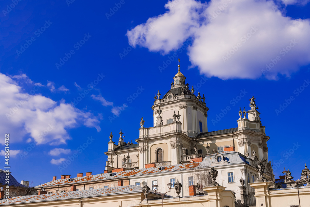 orthodox faith landmark object of huge church ensemble architecture sightseeing place photography foreshortening from below with blue sky background copy space