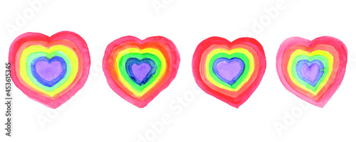 A set of hand-drawn and vectorized symbols of the LGBT movement. Rainbow watercolor drawings of hearts. Signs and symbols of the LGBT flag. A set for the design of postcards, banners, advertising. 