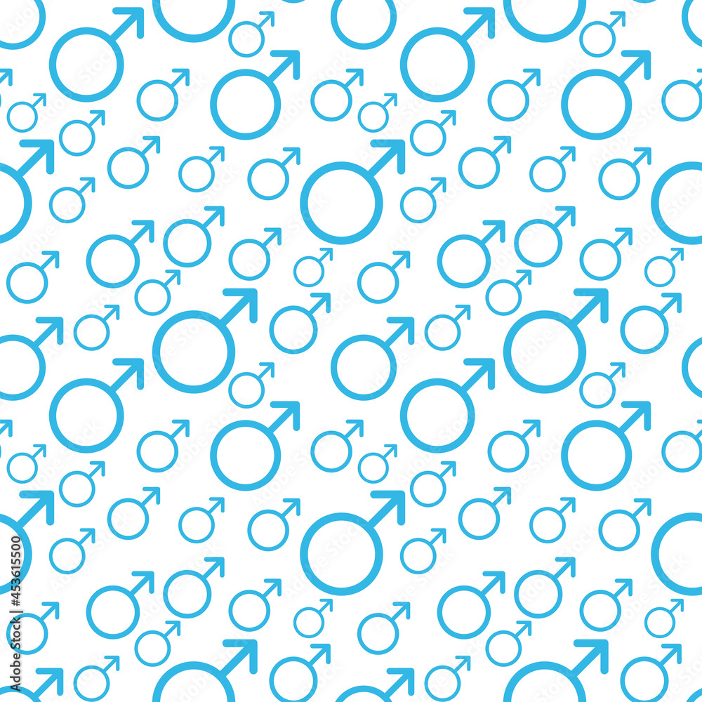 Blue Male sign. Circle with an arrow. Belonging to the masculine gender. Seamless pattern. Vector Illustration. EPS10