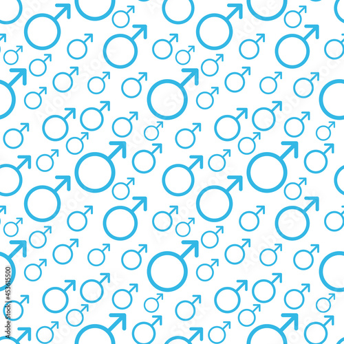 Blue Male sign. Circle with an arrow. Belonging to the masculine gender. Seamless pattern. Vector Illustration. EPS10