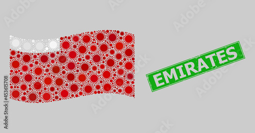 Distress Emirates and mosaic waving Abu Dhabi flag designed with sun icons. Green badge has Emirates caption inside rectangle. Vector sunny mosaic waving Abu Dhabi flag combined for holiday posters.