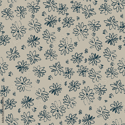 Seamless pattern with hand drawn meadow flowers in Ditzy style. Outlined illustrations on gray background for surface design and other design projects