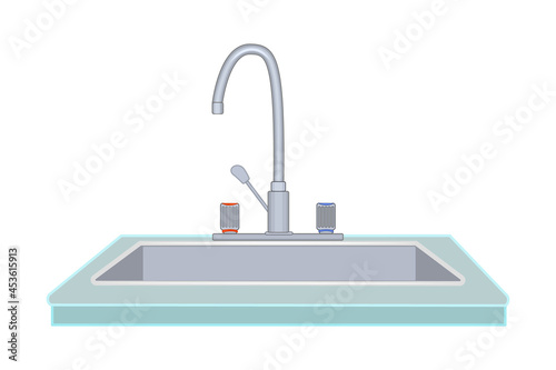 Kitchen sink with faucet isolated on white background. Steel home sink with tap icon. Toilet or bathroom washbasin. House plumbing, home convenience or domestic equipment. Stock vector illustration