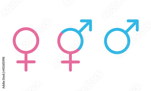 Blue Male and pink female sign. Circle with an arrow and cross down. Belonging to the masculine or female gender. Vector Illustration. EPS10