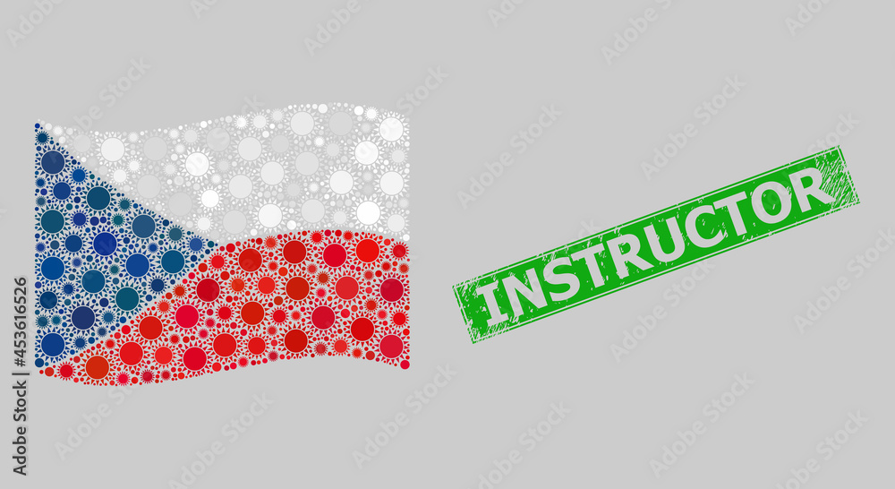 Rubber Instructor and mosaic waving Czech flag designed of sun icons. Green stamp includes Instructor caption inside rectangle.