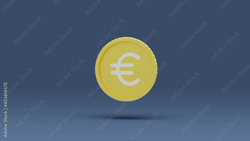 Currency icon animation 3d rendering. 3d animated European Euro currency symbol spinning with shadow. Euro currency golden coin animation footage. Currency icon animation 3d rendering. 3d animated European Euro currency symbol spinning with shadow. Euro currency golden coin animation footage.