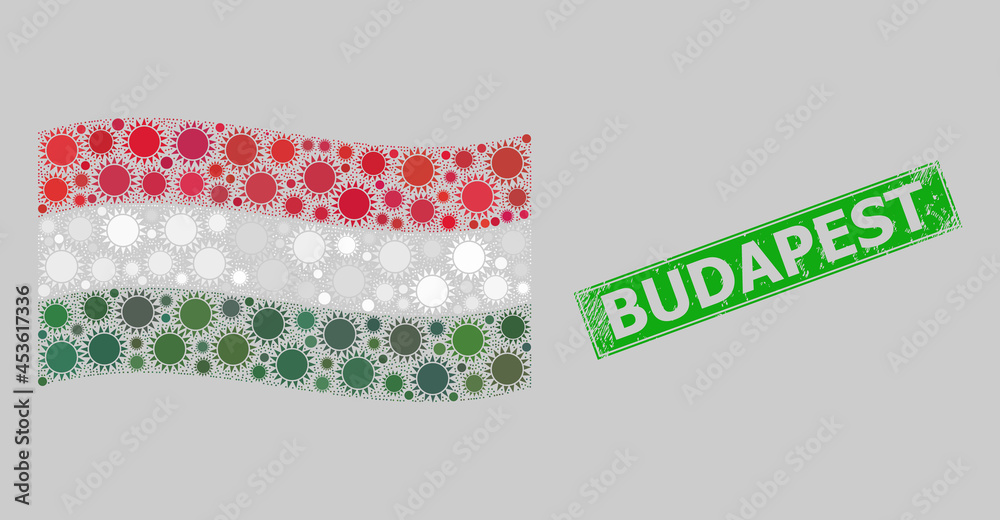 Fototapeta premium Scratched Budapest and mosaic waving Hungary flag designed of sun items. Green stamp contains Budapest caption inside rectangle.
