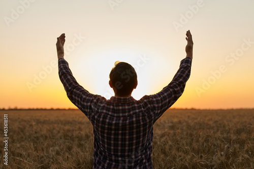 Man grateful for the harvest raised his hands up in the field photo