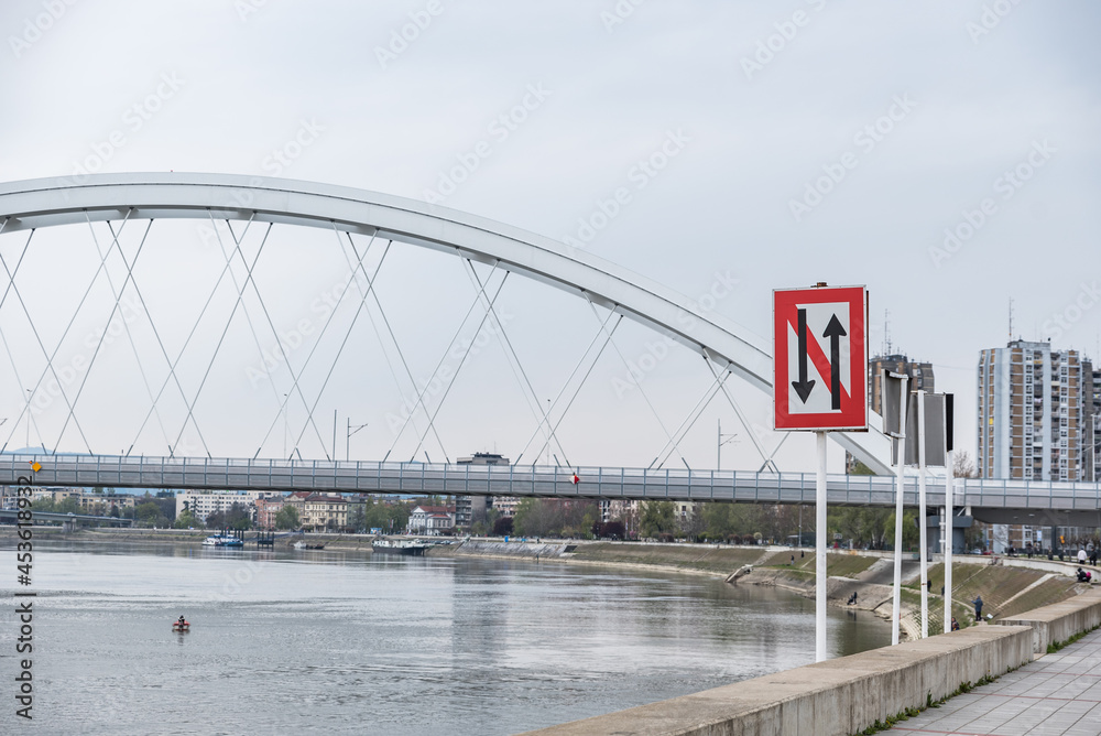 Fototapeta premium Traffic sign for water traffic means the prohibition of passing ships and boats on the river