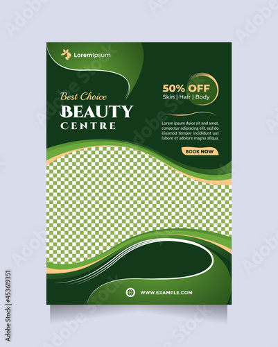 Beauty center service concept flyer and brochure template with a4 size. Concept of professional hair beauty treatment, hair style, cosmetic sale, skin care treatment, hair salon, something natural