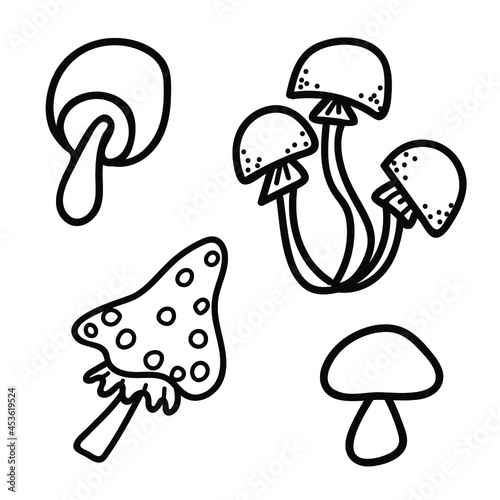 Set of mushrooms doodle art. Hand-drawing vector illustration with black line. Simple elements of forest wildlife. Icons from the collection for the holiday Halloween.
