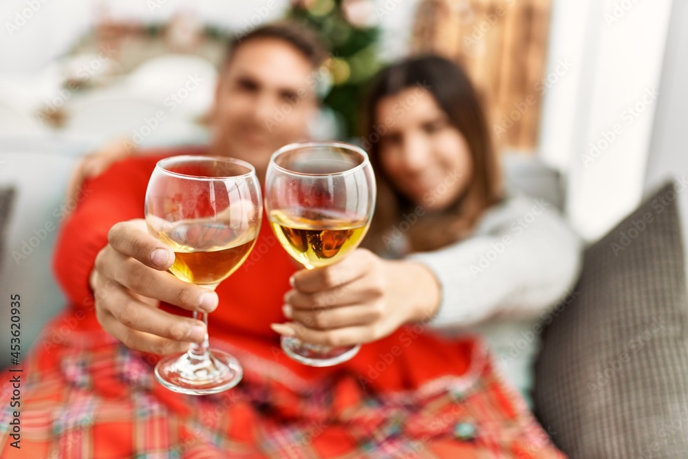 Young couple toasting with glass of champagne sitting on the sofa at home.