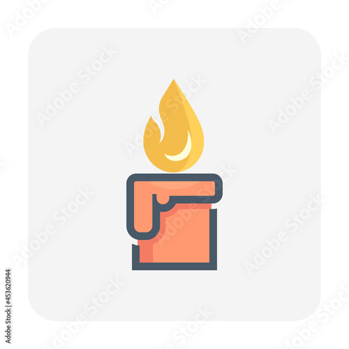 Red candle and light vector icon. May called candlelight for decorativfe in event i.e. celebration, birthday, merry christmas or xmas, happy new year in december or winter season at night.
