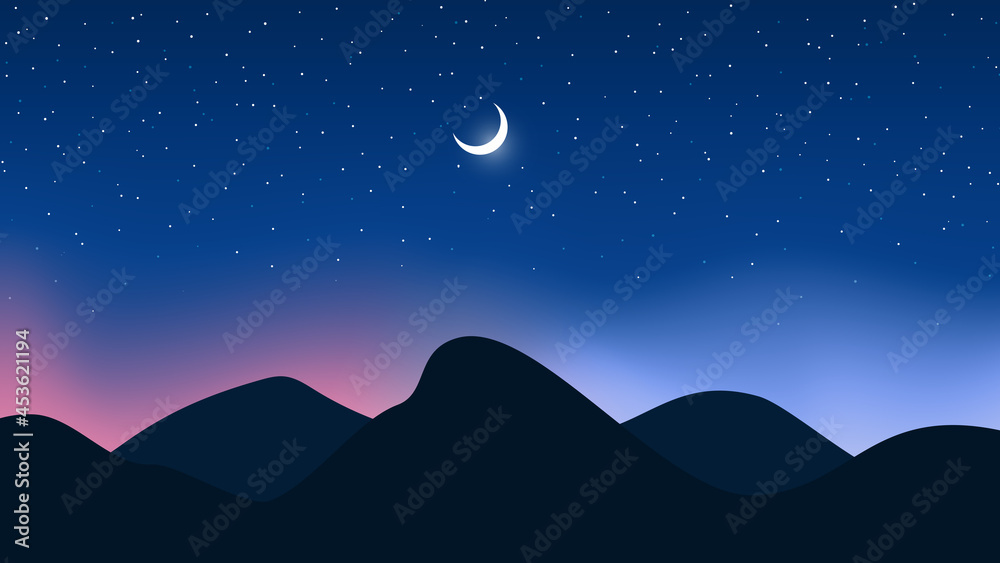 Obraz premium Landscape of mountains, bright crescent and starry night sky. Vector background.