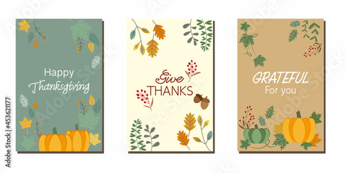 Set of Thanksgiving vector frames. Autumn greeting, Thanksgiving cards, Harvest decoration with thanksgiving messages. Vector illustration.