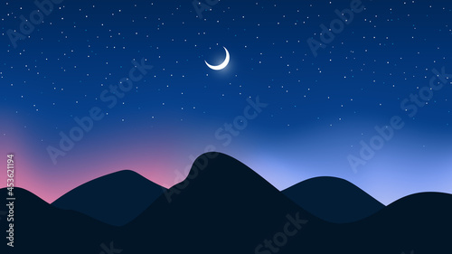 Landscape of mountains, bright crescent and starry night sky. Vector background.
