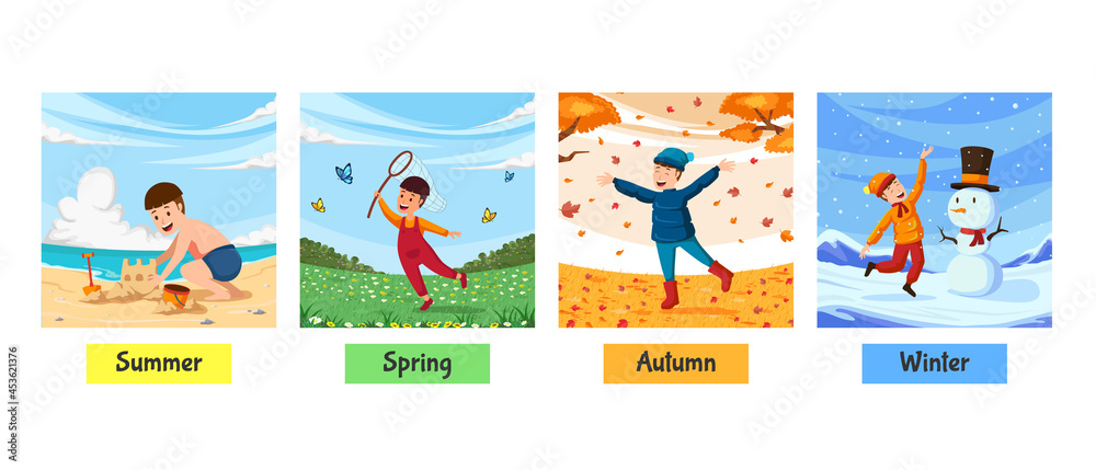 Illustration of four season of boy, autumn fall winter summer spring activity. cute boy playing in different season happy joy illustration concept