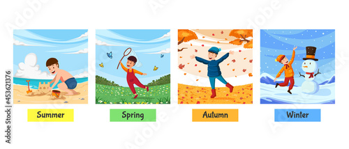 Illustration of four season of boy, autumn fall winter summer spring activity. cute boy playing in different season happy joy illustration concept