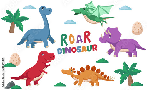 Fototapeta Naklejka Na Ścianę i Meble -  Illustration of cute colorful dinosaur, stegosaurus, tricerator, pterodactyl, tyrannosaurus, brontosaurus for kid children illustration concept