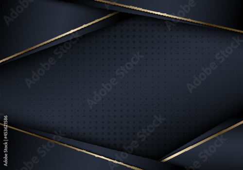 Abstract 3D realistic blue stripes layer with golden lines luxury style on dark blue background halftone texture