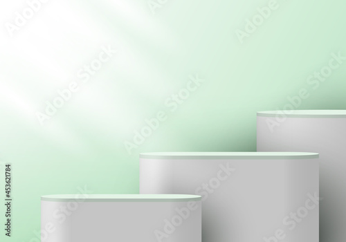 3D realistic white pedestal on green mint backdrop for product display.