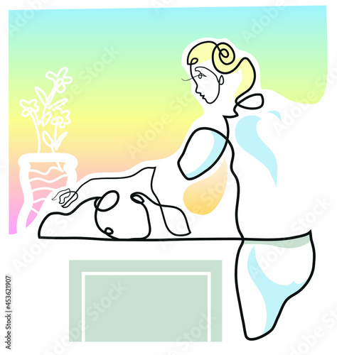 One line drawing of  woman getting neck and shoulders massage by female masseur.
One continuous line drawing of female masseur concept.
