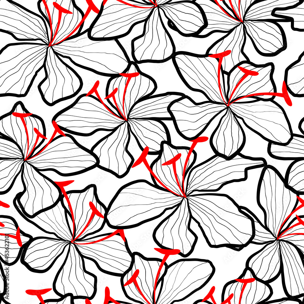 Seamless floral background. Black contour of flowers on a white background.