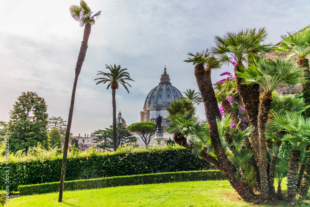 View of the dome of Saint Peter's Basilica in Rome seen from a garden