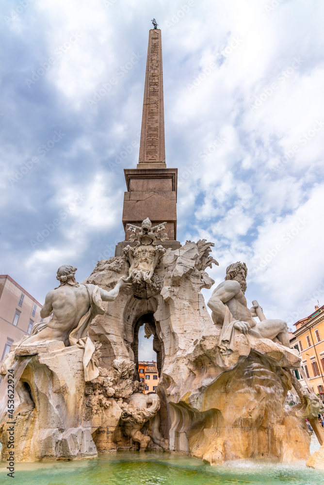 The Fountain of the Four Rivers in Piazza Navona in Rome in summer
