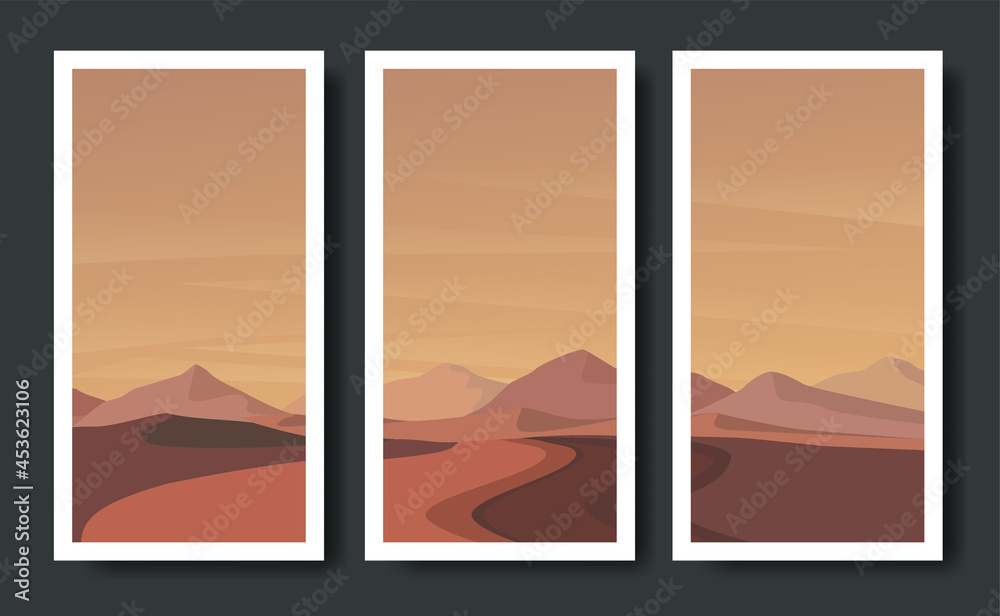 Naklejka premium Set of minimalist landscape abstract contemporary collages, mountains lake moon wall art poster design, Hiking adventure background. Vector illustration