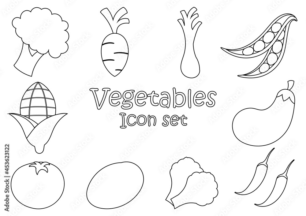 Fototapeta premium fresh vegetable outline illustration set consisting of broccoli, carrots, scallions, chickpeas, tomatoes, potatoes, chicory, corn, eggplant and chilies