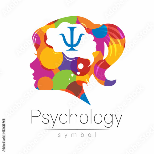 Modern logo Kid Girl head and letter Psi inside brain . Logotype sign of Psychology. Profile Human. Rainbow color isolated on white. Creative style. Symbol in vector. Design concept.