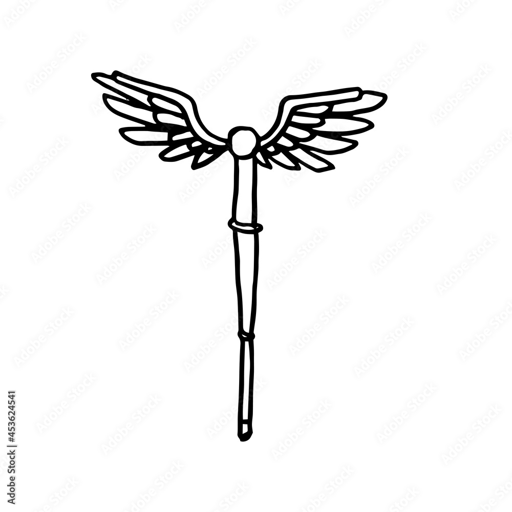 magic wand with wings illustration. simple and minimalist doodle hand drawn illustration on white background.