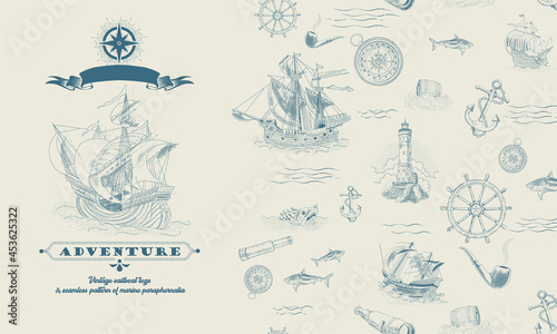 Vector Seamless pattern on the theme of travel, adventure and discovery. Vintage hand-drawn sailboats, sunken ships, map, wind rose, anchor, steering wheel, compass. Attributes of maritime navigation photo