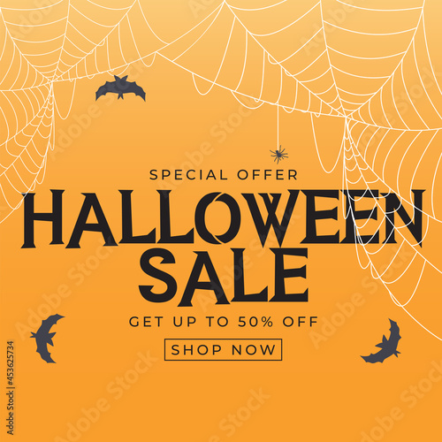 Happy Halloween, Shop Now poster Template on orange Background with bat and s...