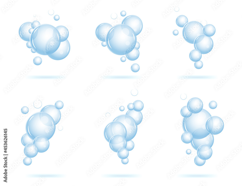 Realistic fizzing flow of air underwater bubbles in water, soda, sea. Foam bubbles. Vector illustration isolated on white background.