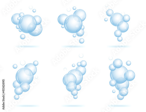 Realistic fizzing flow of air underwater bubbles in water, soda, sea. Foam bubbles. Vector illustration isolated on white background.