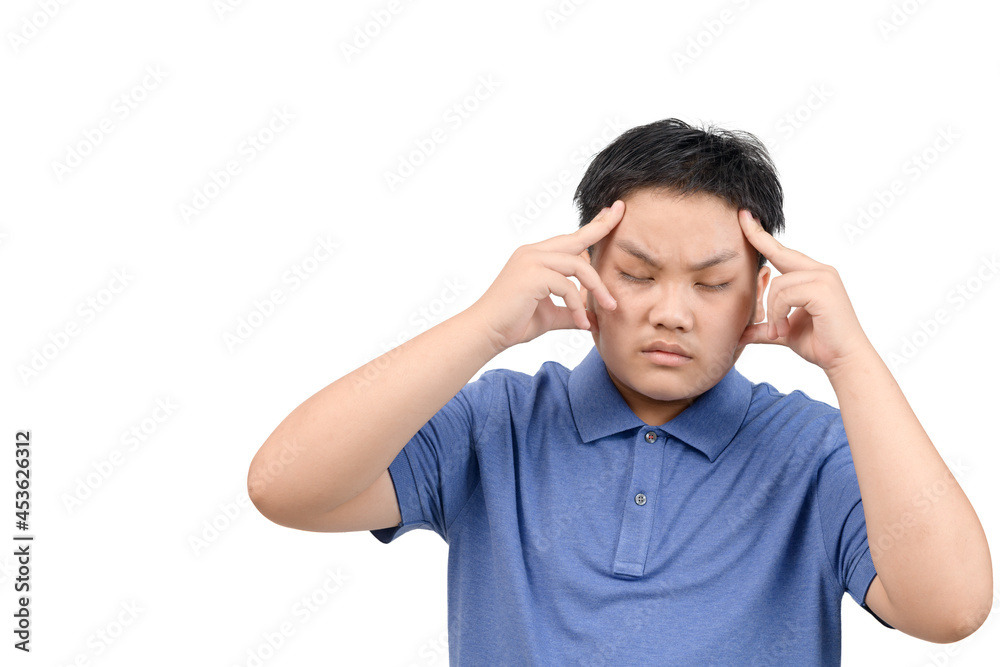 Obese boy feel strain or headache isolated on white background, Obese boy feel strain or headache isolated on white background,