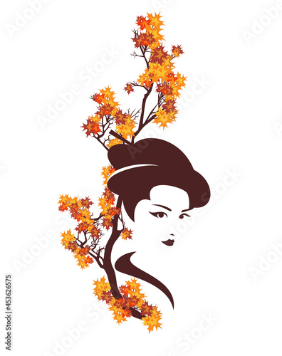 beautiful japanese geisha woman head portrait by maple tree branch with autumn foliage - fall season vector design