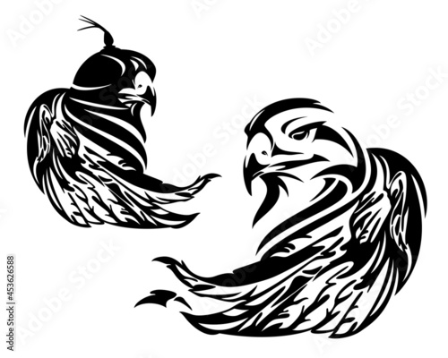 falcon wearing hood cover and wild eagle  - hunting bird black and white vector head and wing portrait