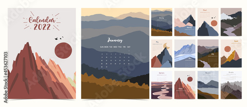 2022 table calendar week start on Sunday with mountain and sun that use for vertical digital and printable A4 A5 size