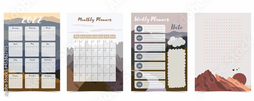 2022 table calendar week start on Sunday with mountain and sun that use for vertical digital and printable A4 A5 size