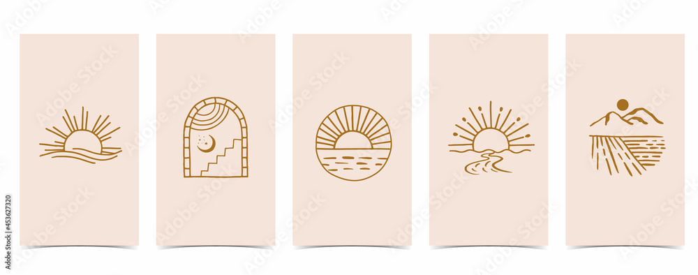 Cute background for social media.Set of story with shape,sun,rainbow