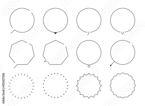 円形、多角形の吹き出し、見出し、題名、ポイントのフレームイラストセット（シンプル、細線）