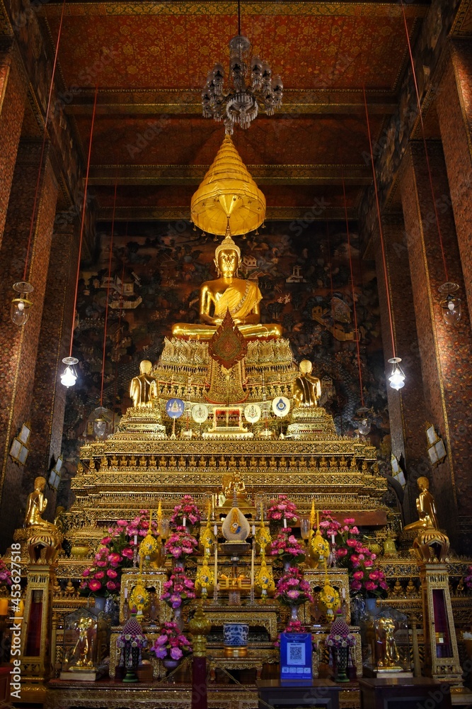 Phra Buddha Theva Patimakorn, The Principle Buddha Image in the Main Chapel of Wat Pho also spelled Wat Po, is a Buddhist temple in Bangkok, Thailand.