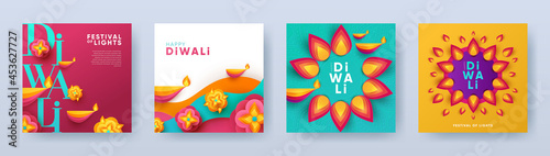 Happy Diwali Hindu festival modern design set in paper cut style with oil lamps on colorful waves and beautiful flowers of lights. Holiday background for branding, card, banner, cover, flyer or poster