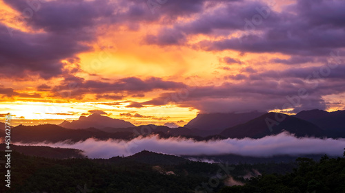 Beautiful sunshine at misty morning mountains at north thailand